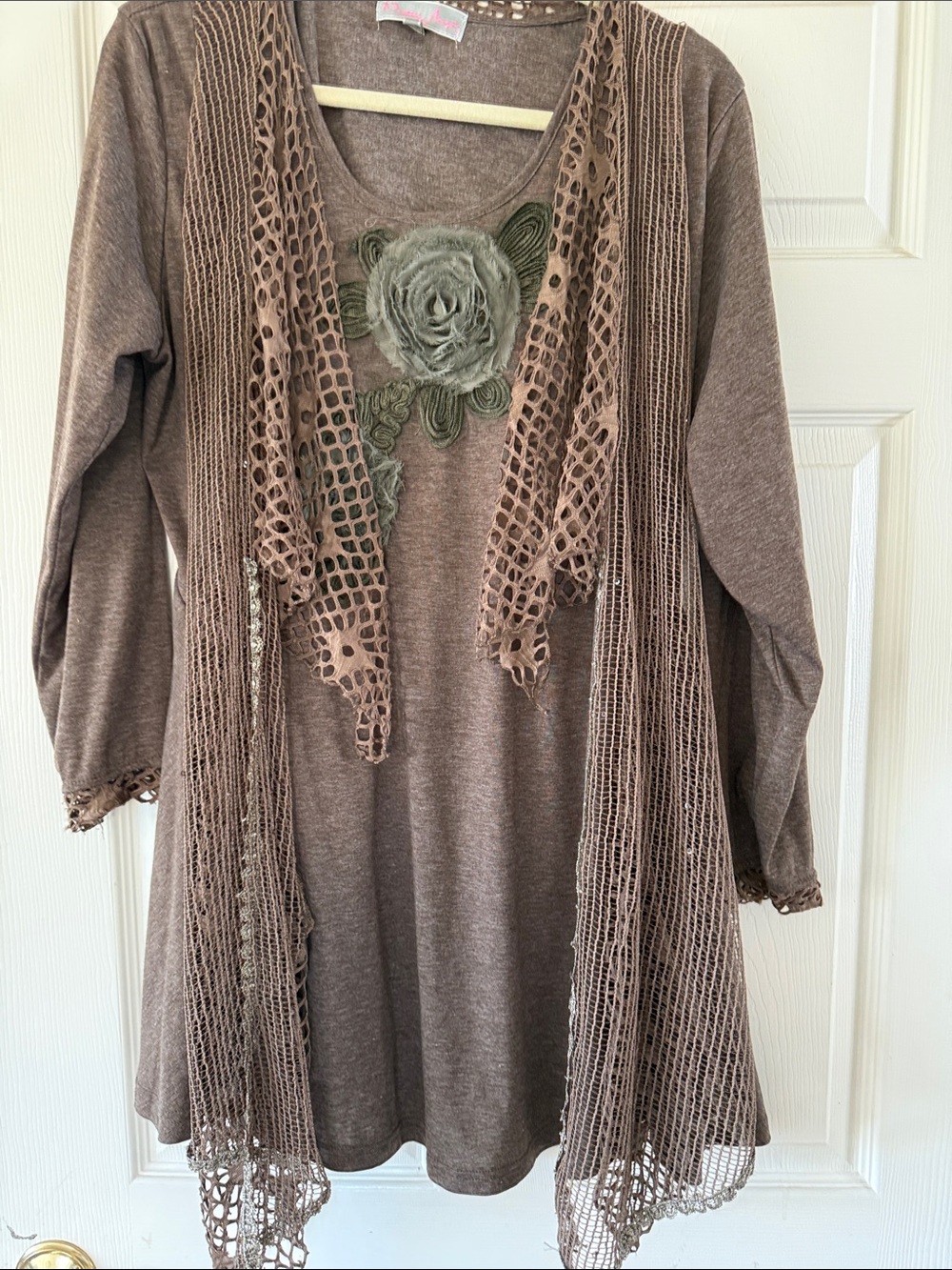 Pretty Angel Brown Crochet-Trim Tunic Top